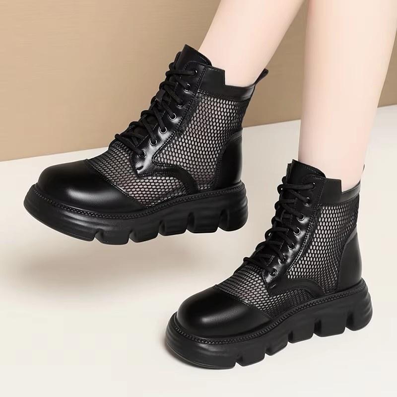 5cm Breathable Comfortable Thick Bottom Falt Paltform Shoes Women Ankle Boots Summer 2025 Cutout Mesh Leather Boots Office Mom