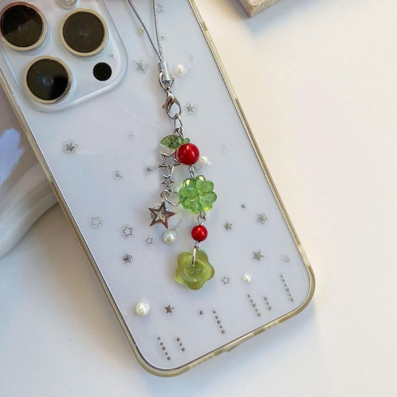 Fashionable Four Leaf Grass Keychain Button Inspired Beaded Charm Hanging Pendant Korean Style Decoration