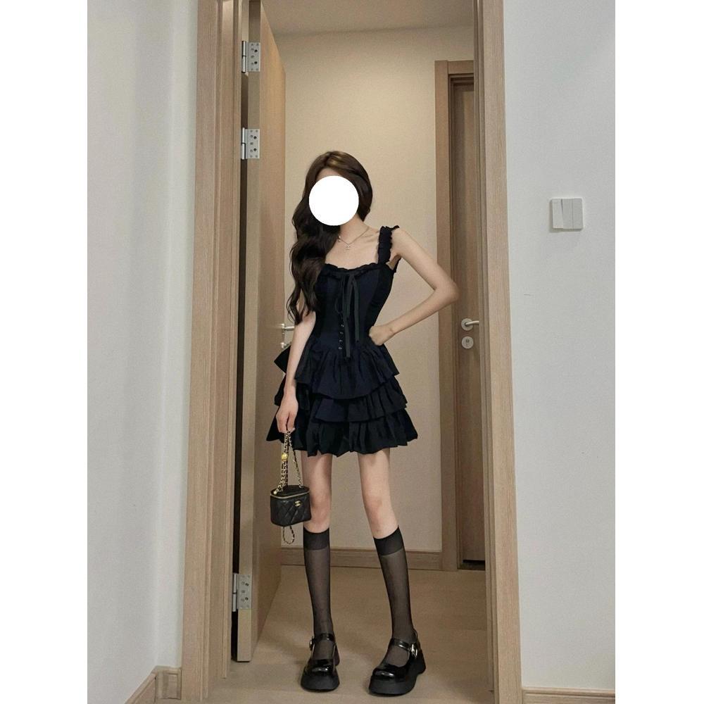 Sweet Black Suspender Dress Summer New Small Princess Short Dress Women Retro Waist Thin Fashion