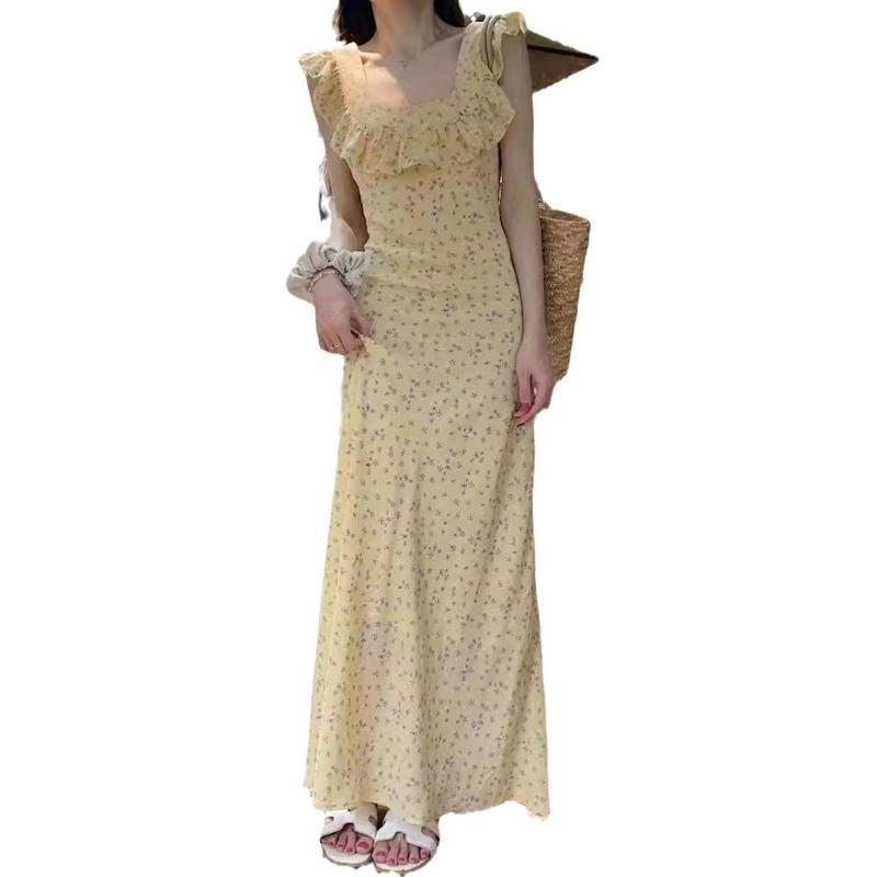 Abito Floreale Retro Francese Midi Elegante da Donna Colletto Quadrato Gonna con Volant Abito Estivo da Donna Sopra il Ginocchio