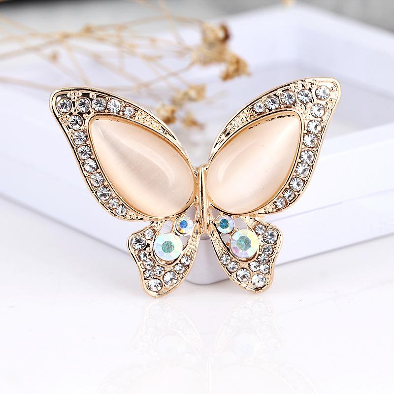 Colored Diamond Cat's Eye Butterfly Brooch Realistic Simple Stone Design Women's Fashion Temperament Versatile Daily Corsage Pin Jewelry