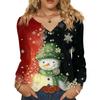 Women's Fashionable Casual V-neck Blouse Button Christmas Printed Long-sleeved Pullover T-shirt Top