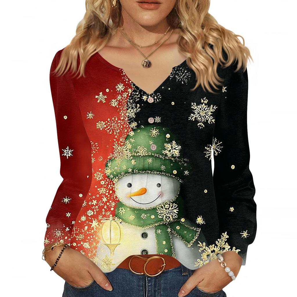 Women's Fashionable Casual V-neck Blouse Button Christmas Printed Long-sleeved Pullover T-shirt Top