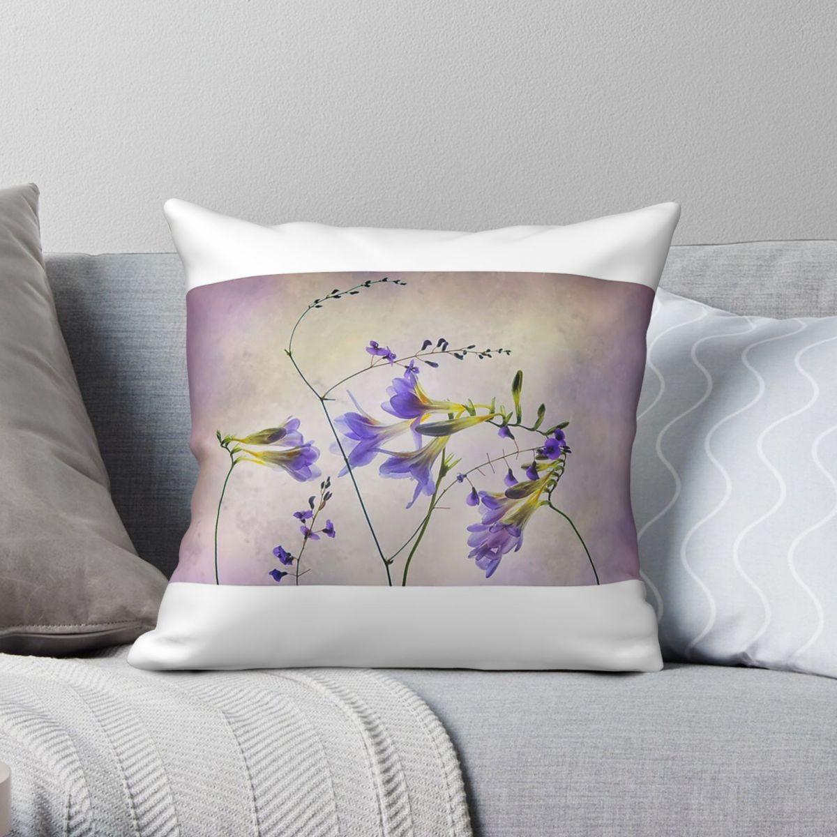 Lu Xika Chen Unisex Freesia Bouquet Square Pillowcase Polyester Linen Velvet Pattern Zip Decorative Sofa Seater Cushion Cover 18