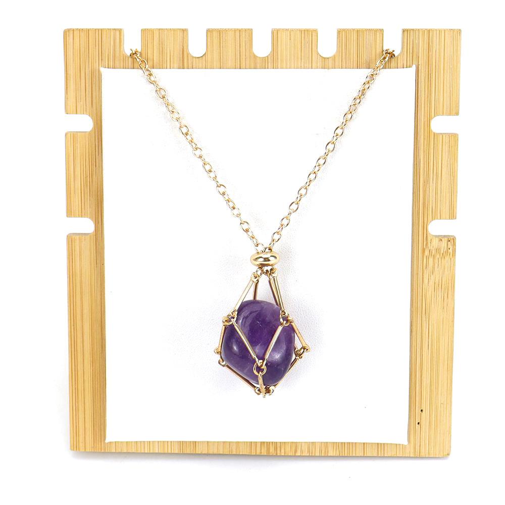 Crystal Rough Stone Handmade Adjustable Stainless Steel Metal Bamboo Mesh Pocket Necklace Woven Pendant N683