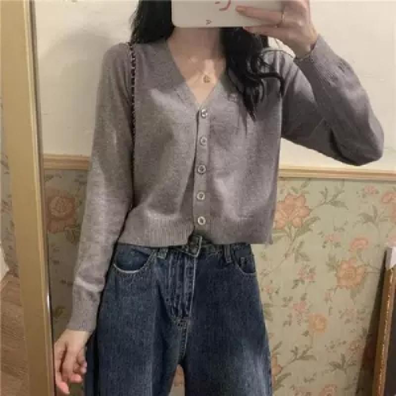 Early Autumn New Knitted Outer Cardigan Short Korean Version V-neck Loose Inner Long-sleeved Thin Sweater Jacket Women's Clothing