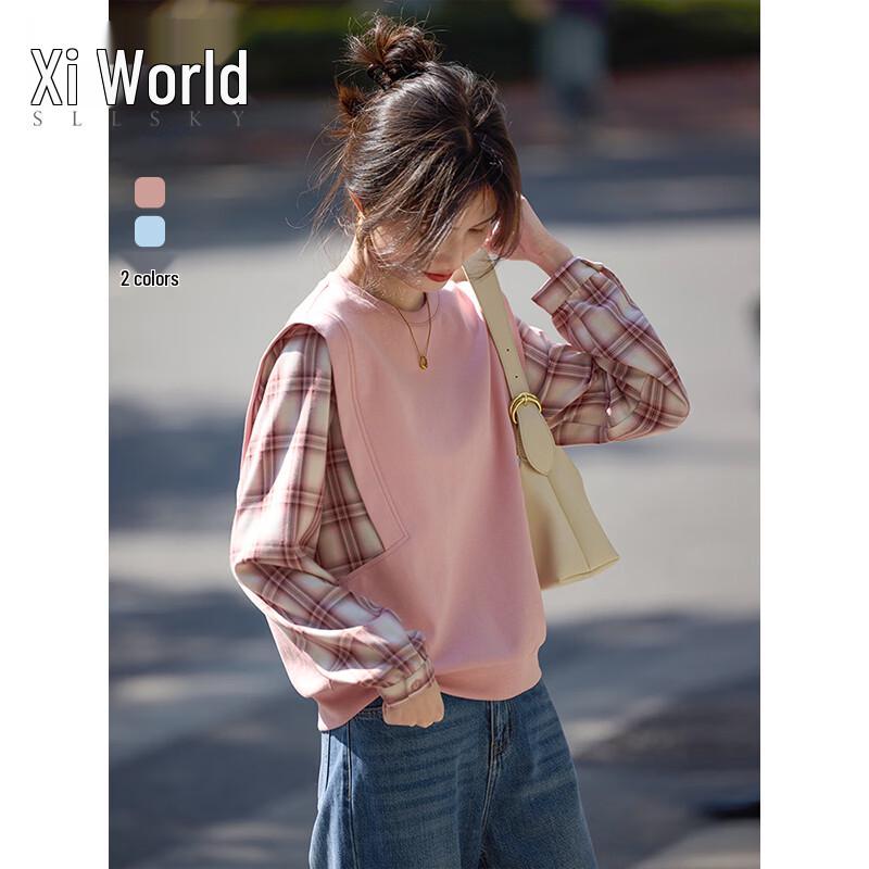 Women s Faux Two-Piece Color-Block Plaid Pullover Sweatshirt S