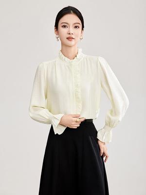 Nanyou Domstils Tencel-skjorta: Elegant Topp för Kvinnor med Crepe-känsla, Vågig Kant, Ståkrage, Vår