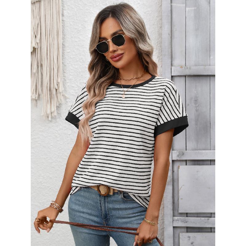 2026 Summer New Women's Casual Round Neck Patchwork Short Sleeve Striped T-Shirt