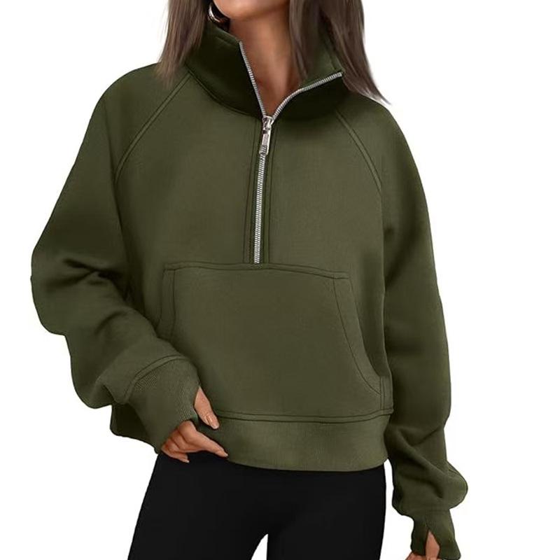 Women's Autumn/Winter Solid Color Half-Zip Cropped Hoodie - European & American Style