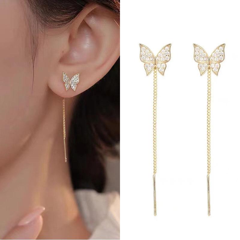 Fashion Long Tassel Ear Line Earrings For Women Korean Temperament Crystal Fish Tail Drop Earrings Girls Daily Party Jewelry