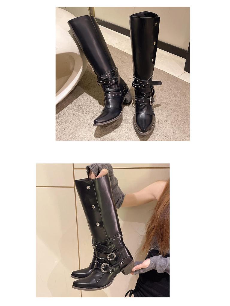 American Retro Rivet Knight Boots - Black Punk Over-the-Knee for Petite Women