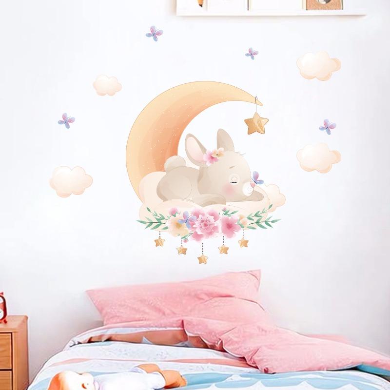 Cartoon Cute Animals Moon Cat Rabbit Wall Stickers for Kids Room Background Bedroom Decoration Girls Home Decor Living Room