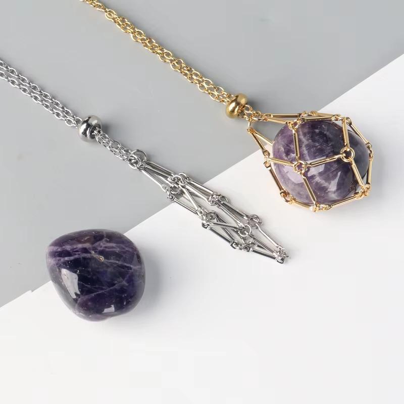 Handwoven Stainless Steel Mesh Necklace with Adjustable Chain and Natural Crystal Stone Cage