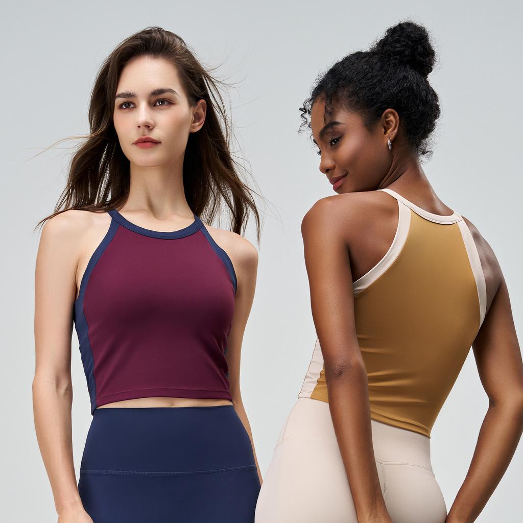 Women's Longline Two Tone Shockproof Sports Tank Top Bra Sleeveless Push Up Yoga Vest