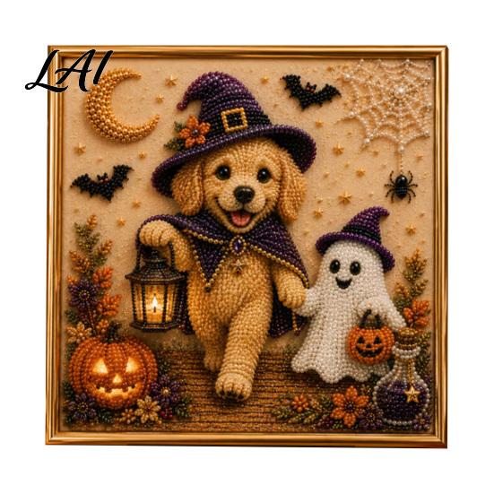 Puppy Themed Faux Pearl Painting Halloween Kit Art DIY Witch Seasonal Home Decor Projects Hat Bead Craft Kit for Adults And Teens Handmade