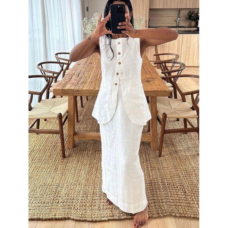 Solid Color Sleeveless Long Skirt Set Solid Sleeveless Cardigan Long Dress Set Women