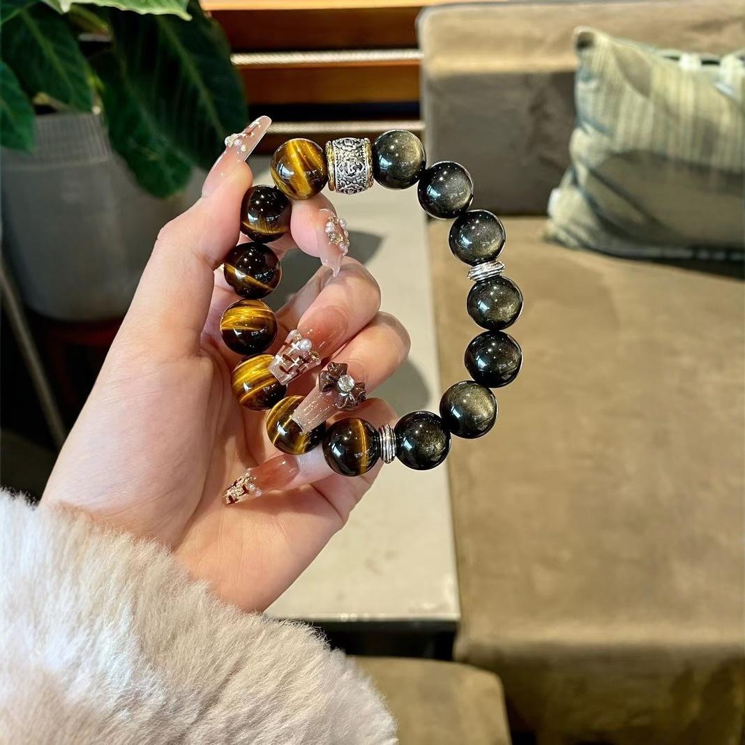 

Black Myth: Wukong style obsidian bracelet for men, good luck six-character mantra gold obsidian Buddhist bead bracelet for women 10mm