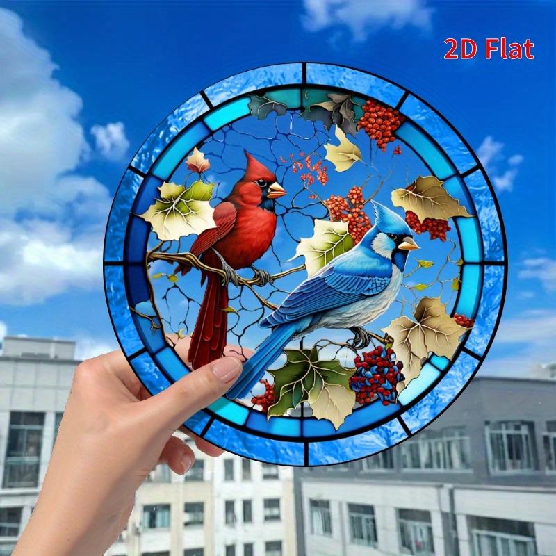 2D Flat Cardinal & Bluebird Stained Glass Decoration Sign, Autumn Leaves & Berries Design, Home Decor Plaque Hanging Wall Art Decorative Garden Decora