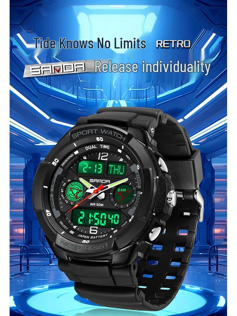Sanda Electronic Watch: Fashionable, Versatile, Luminous, Waterproof Sports Watch for Middle School Students with Alarm Clock Function.