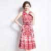 Sommer Damen Markendesigner Vintage Print Runway Kleid Ärmellos Revers Einreihig Tank Party Kleider mit Gürtel