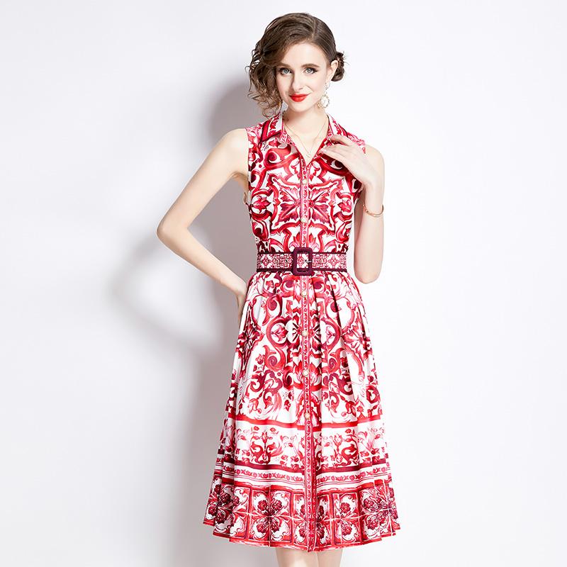 Rochie de vară pentru femei, de designer de marcă, cu imprimeu de epocă, rochie de petrecere cu curea, cu rever, cu un singur piept.