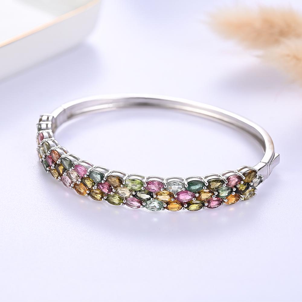 Natural Multi-Tourmaline Silver Bangle S925 Silver Fine Jewelry with Colorful Real Gemstones Fine Jewlery for Women Nice Gift
