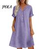 Travel Friendly Dress Summer Short Sleeve for Women, Casual Button Up V Comfortable Everyday Neck A-line Dress, Flowy Beach Vacation Sundress