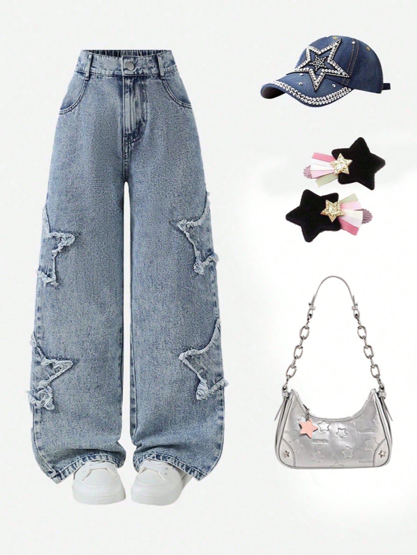 Single-piece girls  casual and trendy style simple everyday comfortable star pattern denim pants, new spring/summer style. 8Y средний синий