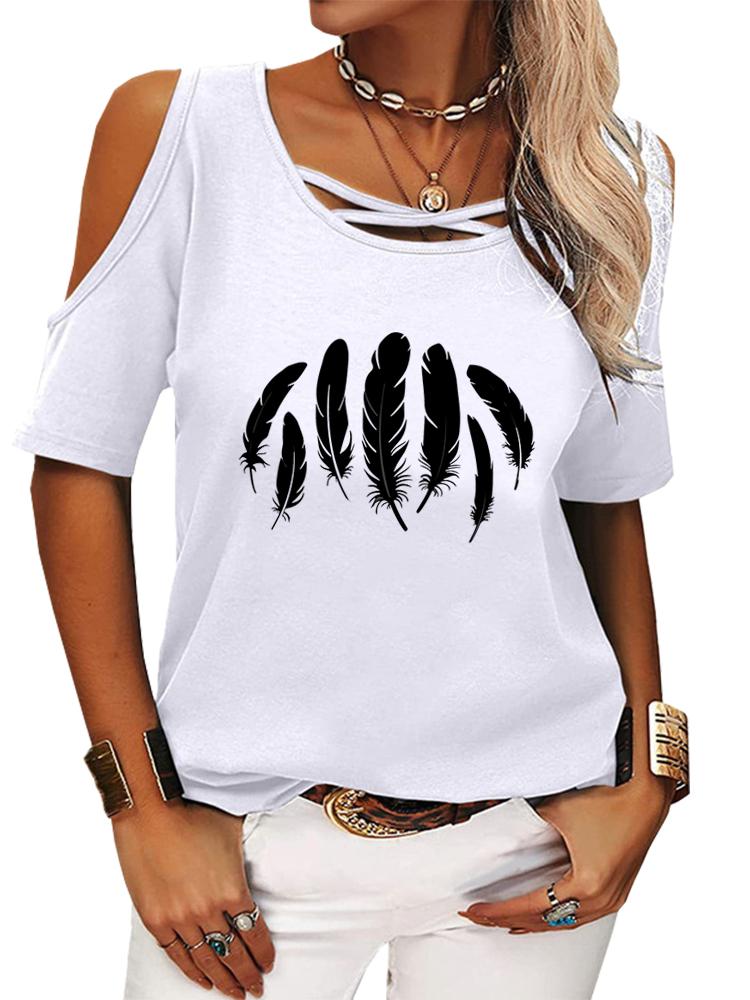 Women Casual Short Sleeve Shirt Summer O Neck T-shirt Ladies Fashion Print Off Shoulder Top