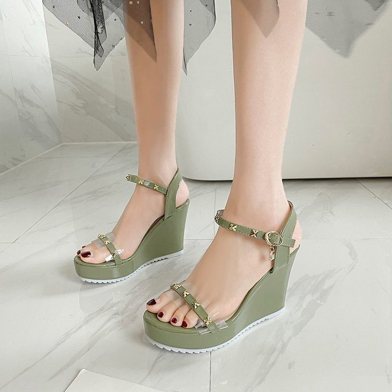 Sandals for Women Wedges Heel Green Super-high Rivet Woman Shoes Summer 2025 Comfortable Footwear New Breathable Fashion Luxury