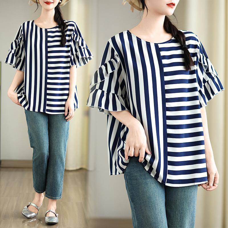 DIMANAF 2025 Summer Plus Size Short Sleeve T-Shirt Stripe Women O-Neck Loose Basic Tops Tees