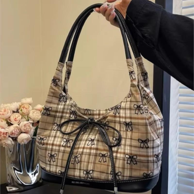 JIAERDI Vintage Brown Bow Tote Bag Women Plaid Large Capacity Shoulder Bag Ladies Versatile Casual Simple Commuter Underarm Bags