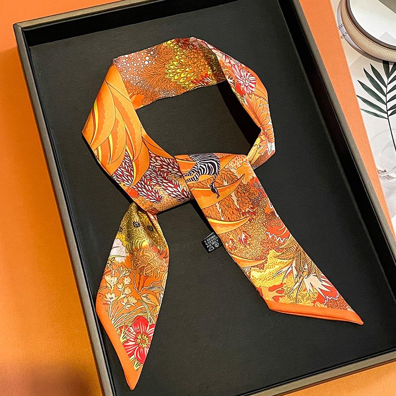 Summer Luxury Brand Jungle Print Silk Scarf Hair Band Ribbon Tie Bag Small Scarves Vintage Satin Ribbon Decorate Accessories