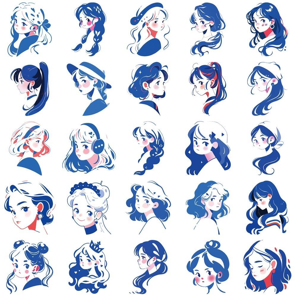 50-Piece Original Blue Line Art Girl Cartoon Stickers - Waterproof Decals for Phone Cases, Guitars, Helmets & Water Cups