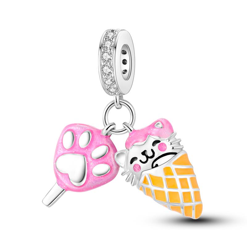 Newcopper Pink Kitten Gourmet Pizza Cone Charm Beads Suitable For Panoriginal Bracelet Exquisite Diy Jewelry Gift