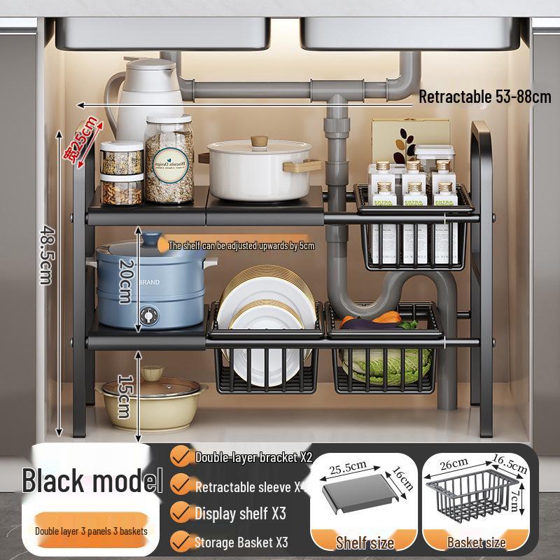 Retractable Under-Sink Tiered Shelf and Pot Storage Rack