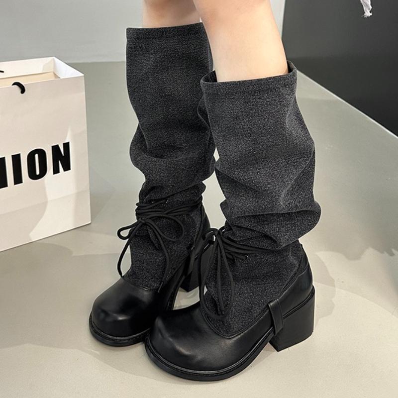 Women Knee High Boots High Heels Chunky Shoes 2025 Summer Chelsea Boots New Woman Heeled Shoes Lace Up Pumps Zapatillas