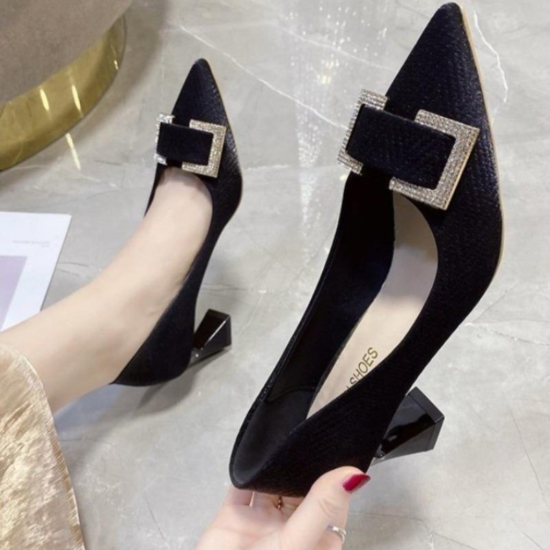 Fashion Special Heel Single Shoes Autumn New Pointed Toe Shallow Mouth Crystal Square Buckle Slip Anti-slip Wear-resistant High Heels