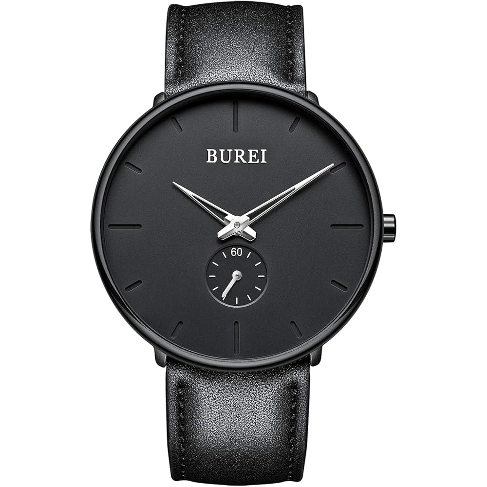 BUREI Men s Black Simple Stylish Watch with Leather Strap