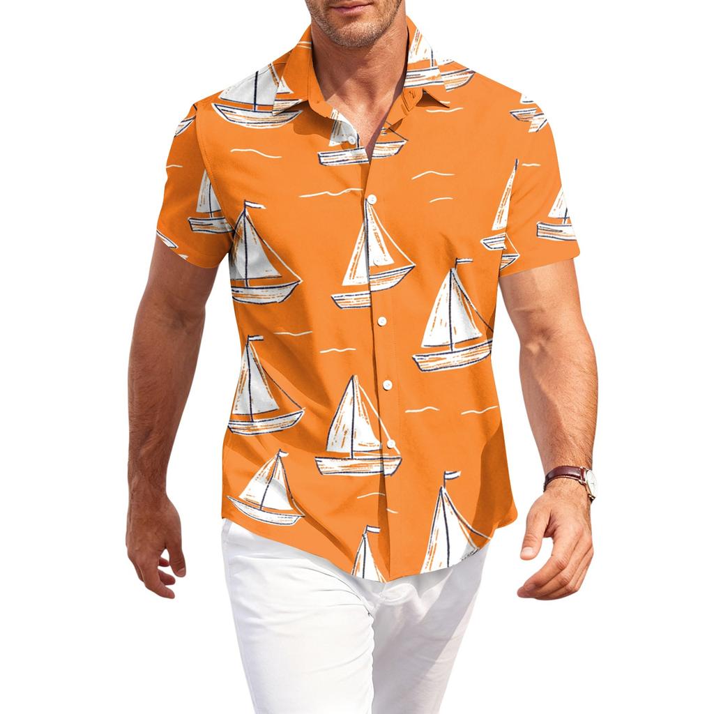 Men's Casual Loose Fit Short Sleeve Shirt Hawaiian Style Button Down Tropical Leaf Print Summer Beachwear Shirt