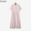 ZANZEA Women Summer Turn Down Collar Short Sleeve Casual Stripe Dress