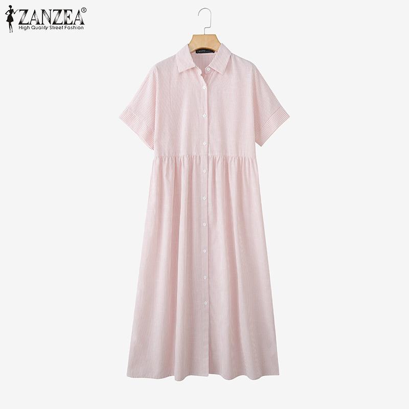 ZANZEA Women Summer Turn Down Collar Short Sleeve Casual Stripe Dress