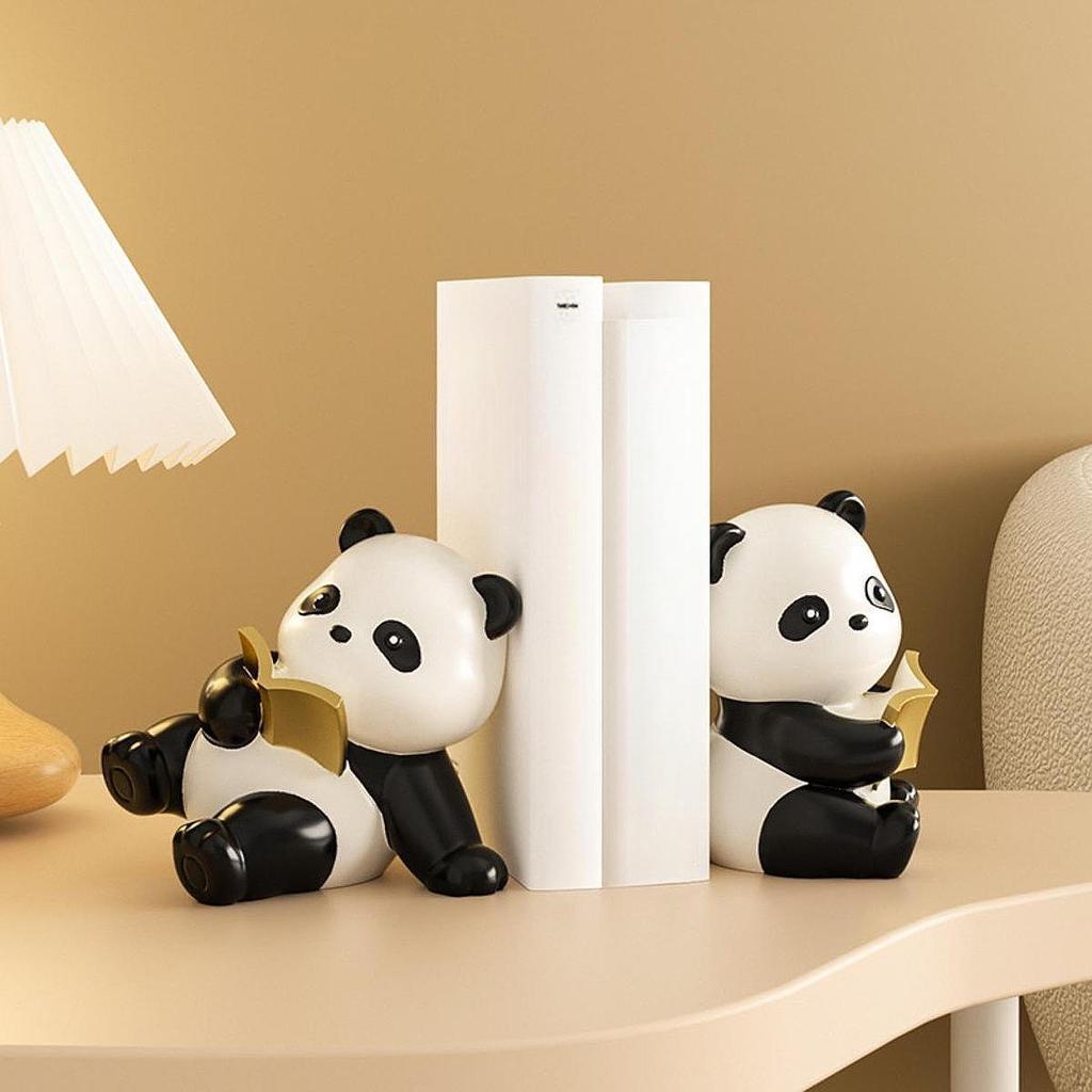 2 Pieces Panda Statues Animal Sculptures Bookends Collectible Resin Cute Book Stoppers Shelf