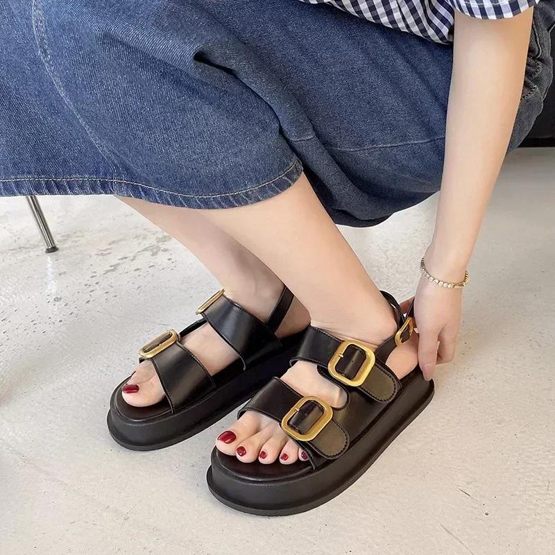Fashion Women's Sandals Medium-heeled Flat Open-toe Shoes Round-toe Casual Beach Belt Buckle Summer New Leisure Dress Sandalias De Mujer