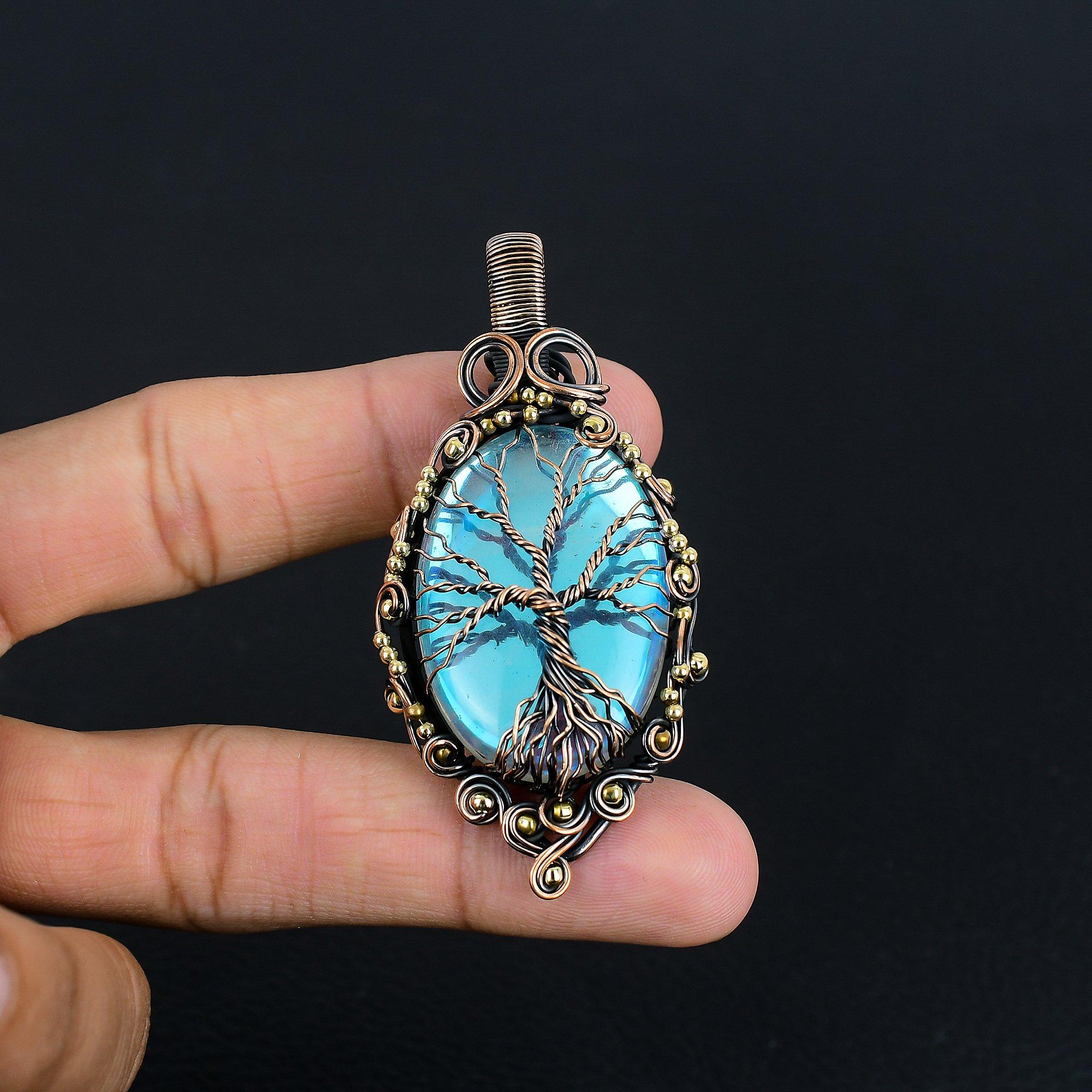 

Кулон из мистического опала, обернутый медной проволокой 999 пробы, кулон ручной работы с драгоценным камнем, на День памяти 2.79 Inches