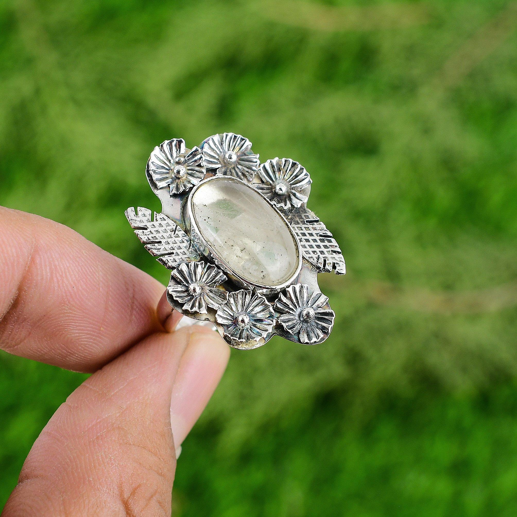

Natural Moonstone Gemstone Stackable Flower White Adjustable Ring 925 Silver Adjustable