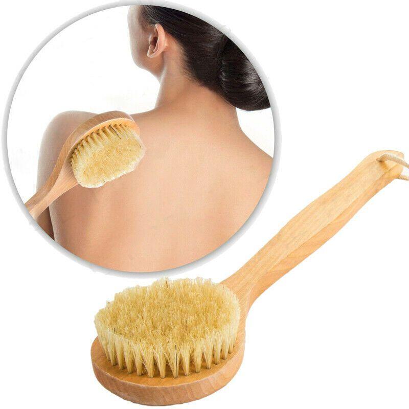 Natural Wooden 10" Bristle Body Bath Brush Massager Shower Back Scrubber Spa