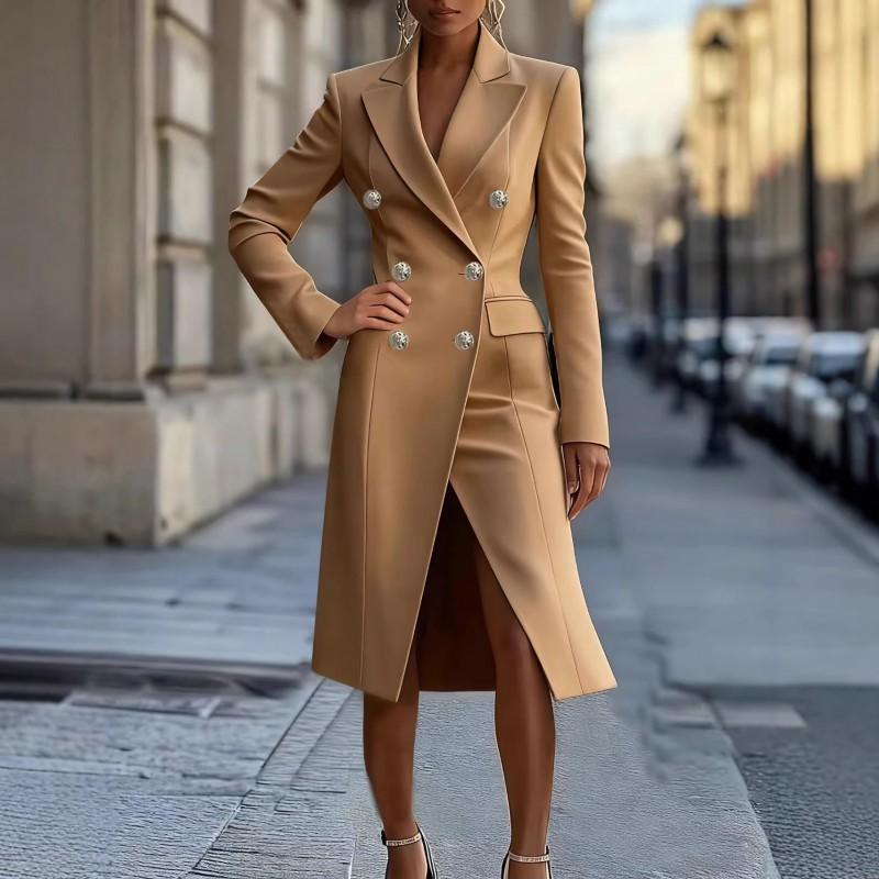 Womens Long Sleeve Blazer Collar Dress Double Breasted A-line Midi Work Office City Walk Fall Winter