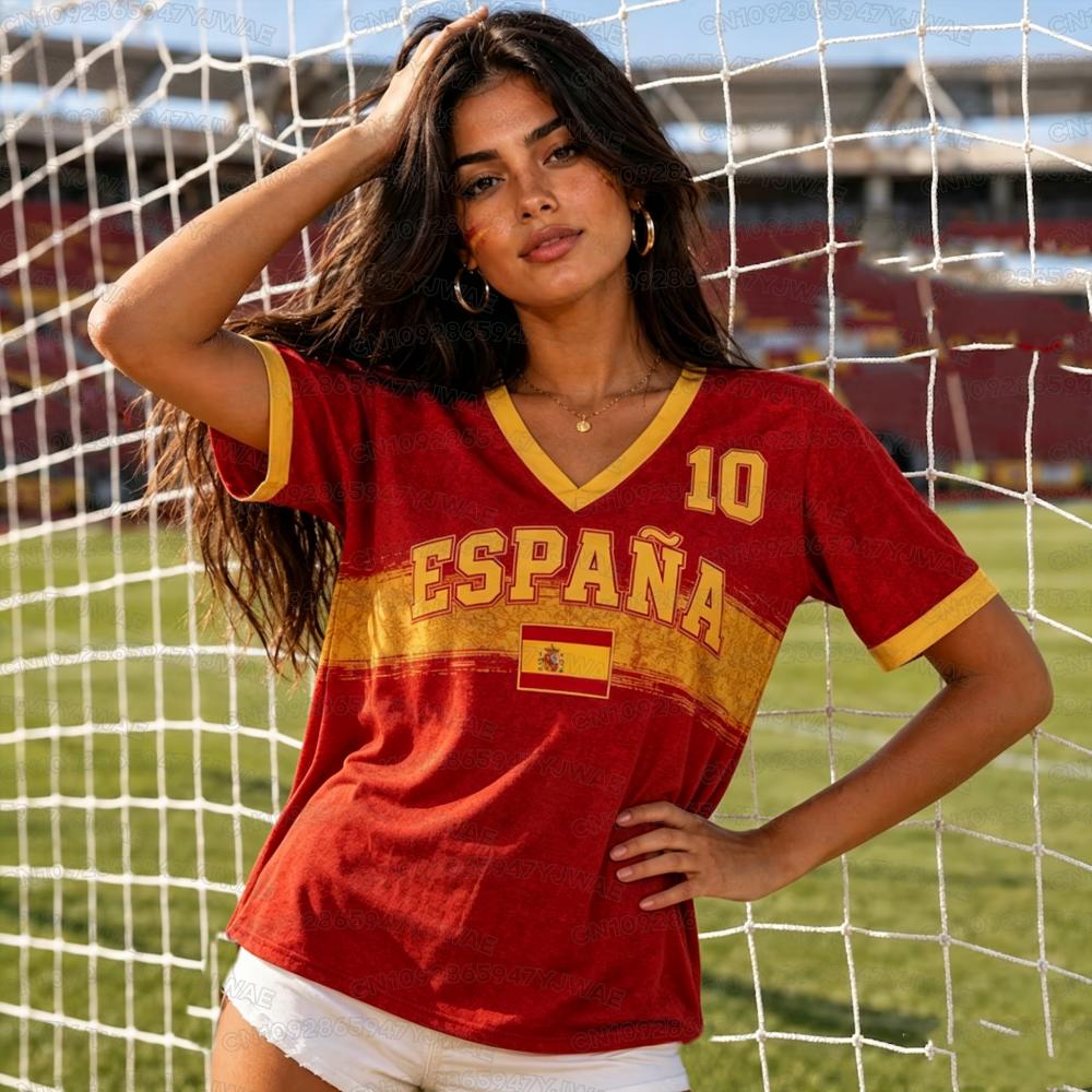 Summer Women's Men's Spain Print V-Neck Short Sleeve T-Shirt Graphic Tee Jerseys Plus Size Sport T-Shirt Soccer Fans